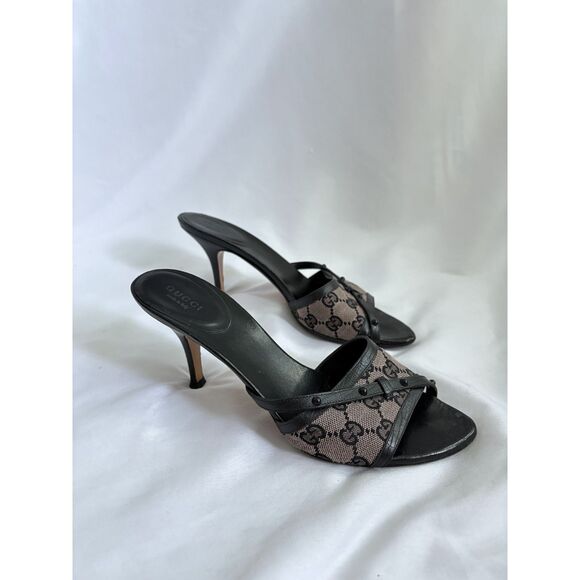 Vintage Authentic Gucci Mules Mid High Heel Canvas Black Leather Monogram 8.5B - Picture 1 of 10